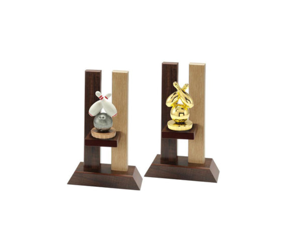 Holz Trophäe Bowling P040 - Auswahl Grau Weiß / 19 cm